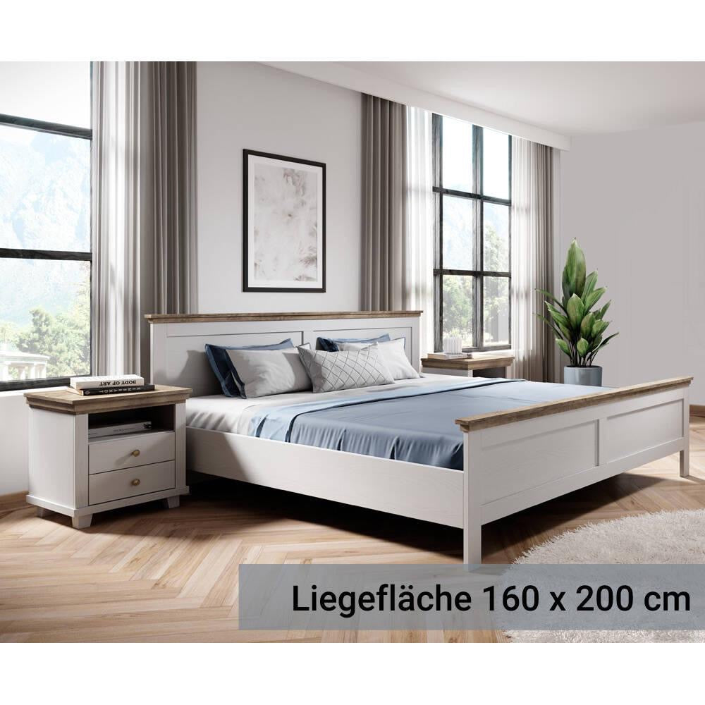 Doppelbett Liegefläche 160 x 200 cm mit 2x Nachttisch EPSOM-83 in weiß Abisko Esche Nb. mit Lefkas Eiche Nb., B/H/T: ca. 295,5/88,5/211,5 cm