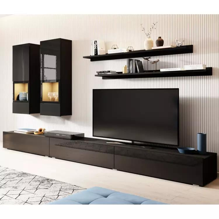 Wohnwand inkl. LED Beleuchtung ARVADA-83 in schwarz Hochglanz mit schwarz matt, B/H/T: ca. 270/200/41
